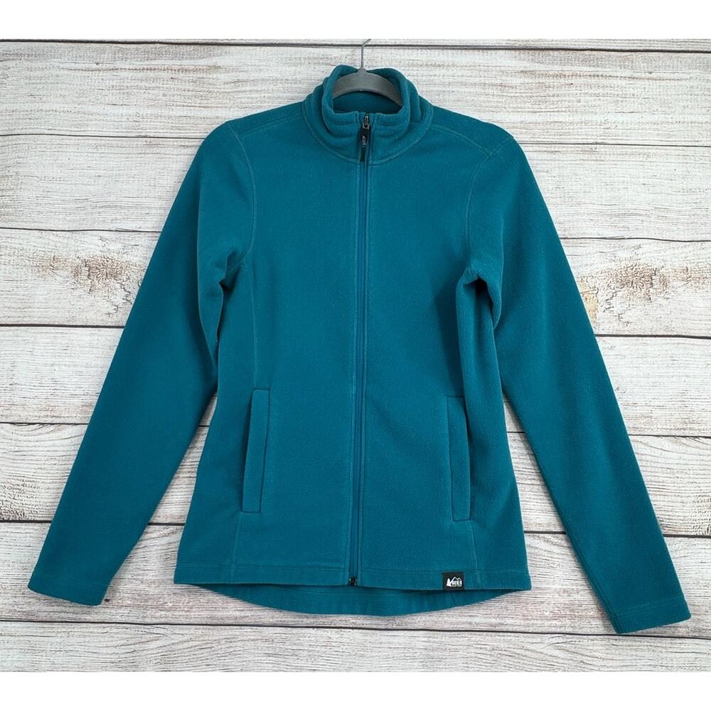 REI‎ Co-Op Full Zip Fleece Jacket Womens Small Teal Blue Mock Neck